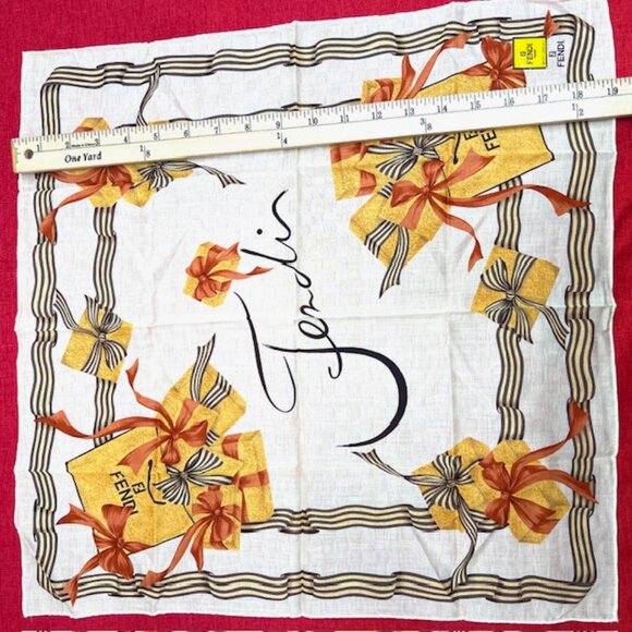 New Fendi Cotton/ Handkerchief/MiniScarf 19" Ivery yellow orange bow ties (94) - Picture 6 of 6